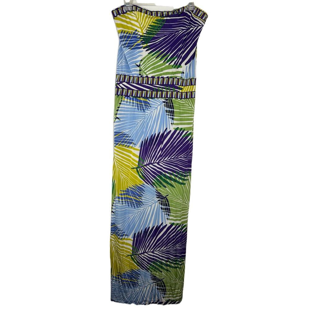 BCBG Maxazria Multicolor Palm Leaves Strapless Maxi Beach Dress Size Large